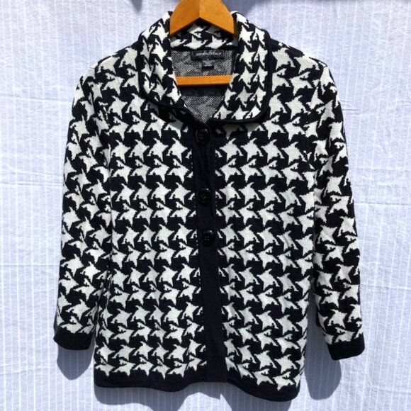 Vintage Womens Button Front Collar Sweater Cardigan Houndstooth Plaid Preppy - Picture 2 of 8